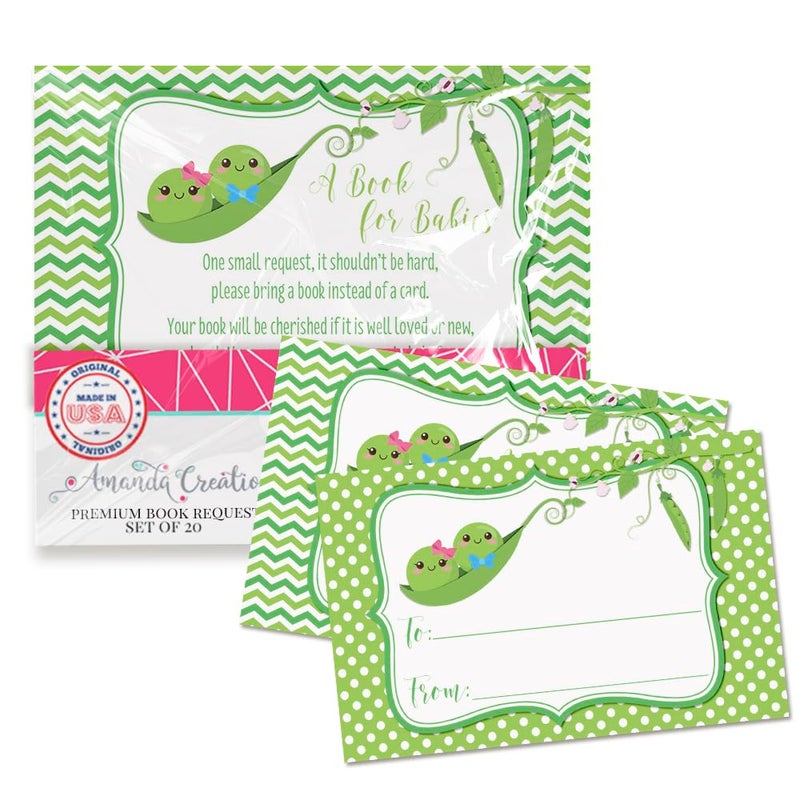 Amanda Creation Two Peas In A Pod Twin Boy And Girl â€œBring A Bookâ€ Cards for Twin Baby Showers, 20 2.5" X 4â€ Double Sided Insert Cards by AmandaCreation - Image 1